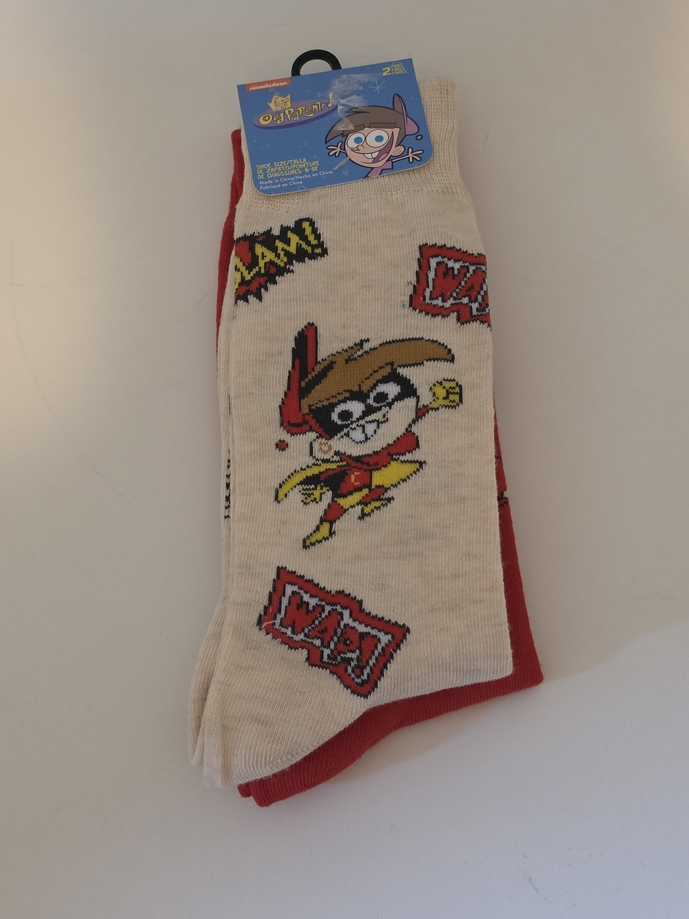 Nickelodeon Fairly OddParents Timmy Turner Crew Socks 2 Pairs Red/Beige 6-12kids